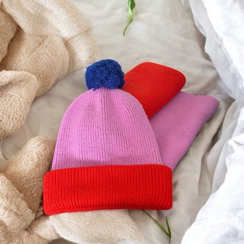 INDIGO Colourblock Hat & Scarf Set Wool-blend Soft Tomato Red Lilac Blue Pom